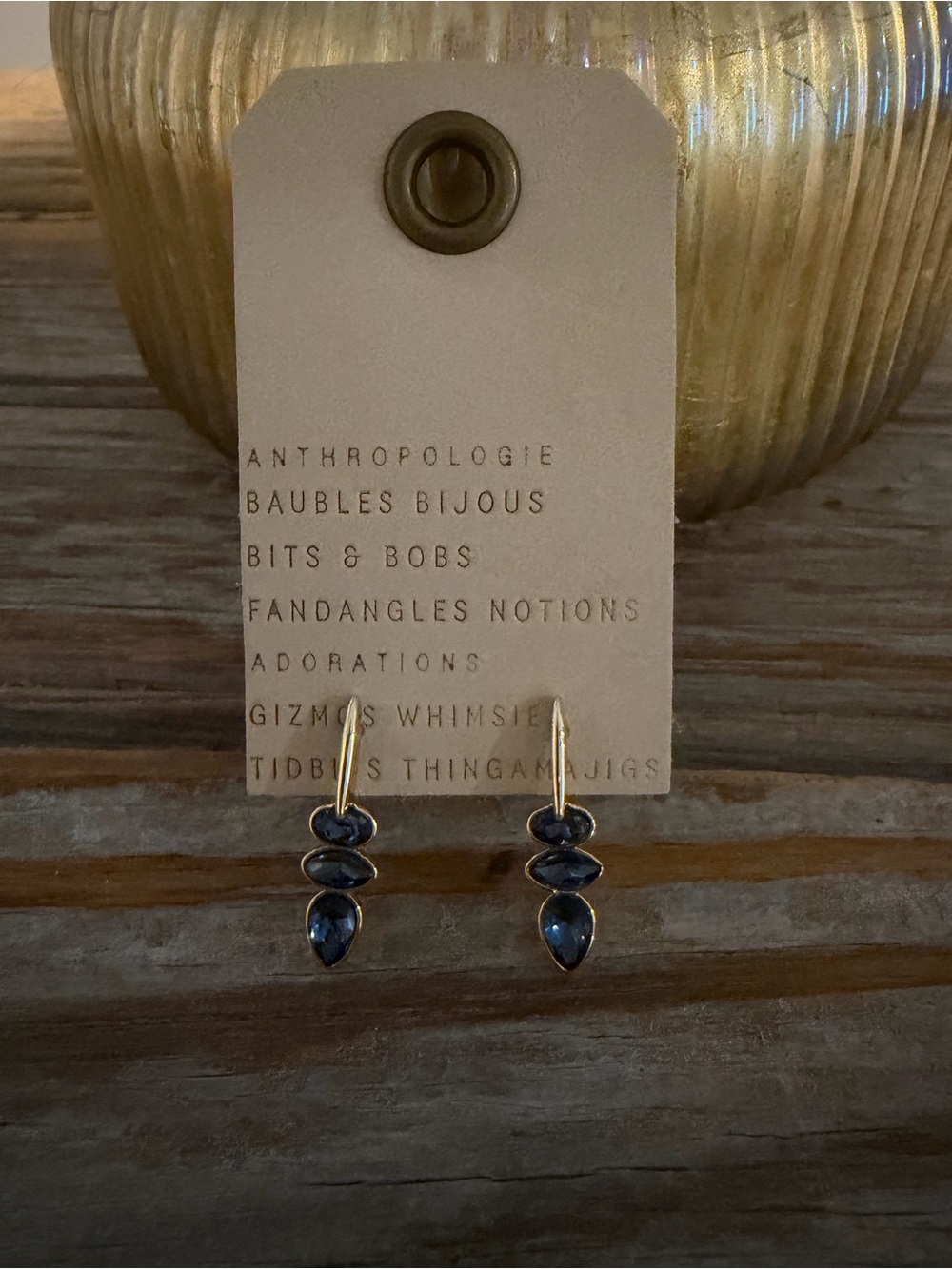 Anthropologie Mixed Crystal Gold Tone Drop Earrings with Navy Stones